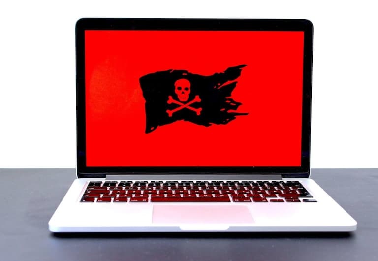 A computer screen with a skull and crossbones image